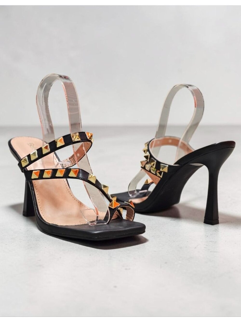 Black Studded High Heel Sandals With Straps And Square Toe Design For Women